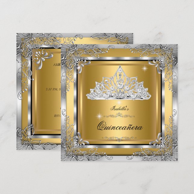 Quinceanera Gold Silver Diamond Tiara 15th Party Invitation (Front/Back)