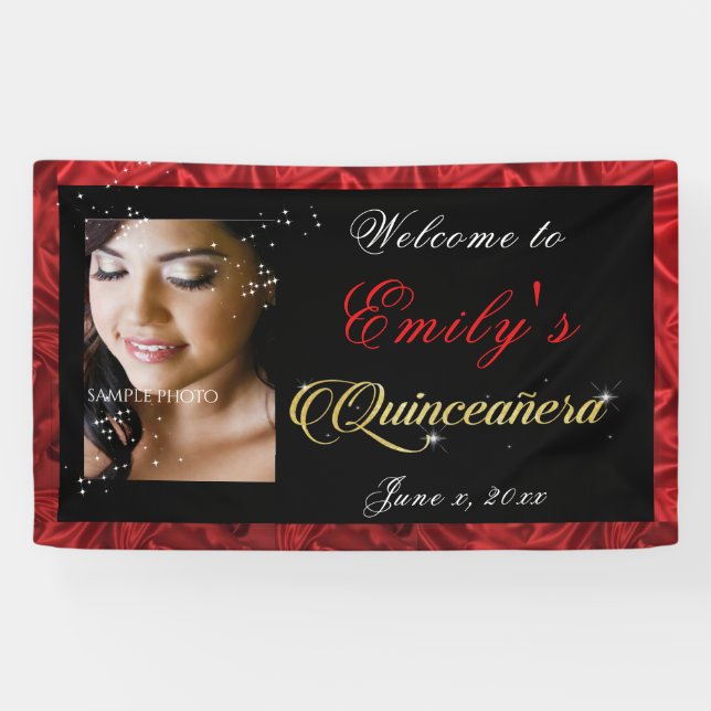 Quinceanera Gold Sparkle, Red Satin Custom Photo, Banner (Horizontal)