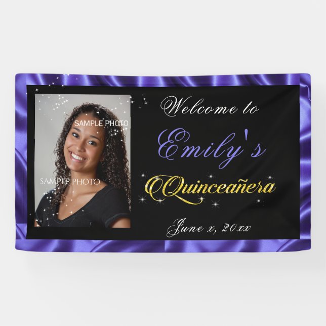 Quinceanera Gold Sparkle Txt, Purple Satin Photo, Banner (Horizontal)