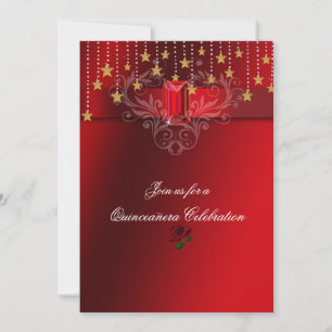 Quinceanera Gold Stars Red Ruby & Red Roses Invitation