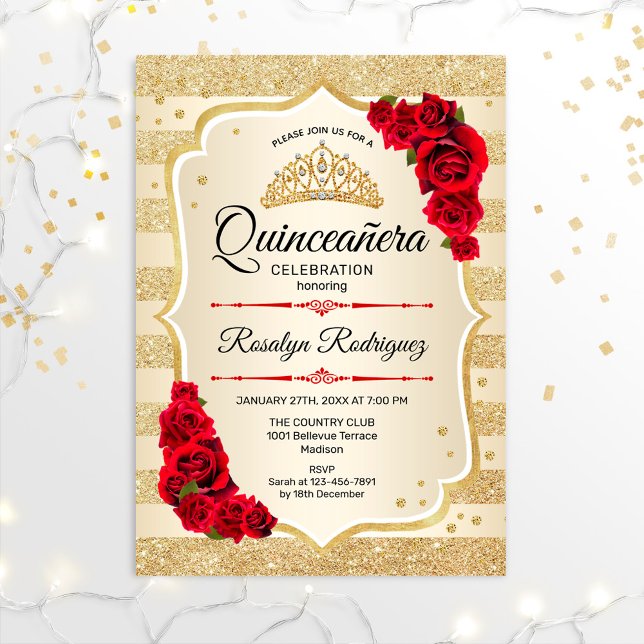 Quinceanera - Gold Stripes Red Invitation (Creator Uploaded)