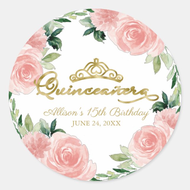 Quinceanera Gold Tiara Blush Pink Floral Classic Round Sticker (Front)