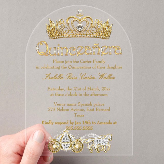 Quinceanera Gold Tiara Diamonds Princess Carriage Acrylic Invitations (Creator Uploaded)