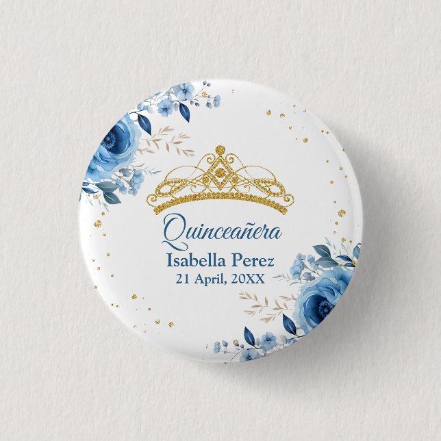 Quinceanera Gold Tiara Glitter and Blue Floral 3 Cm Round Badge (Front)