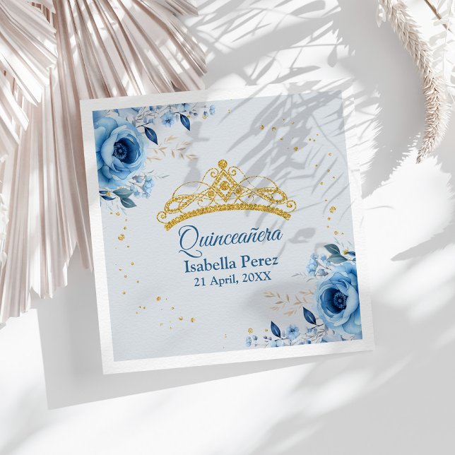 Quinceanera Gold Tiara Glitter and Blue Floral Napkin (Quinceanera Gold Tiara Glitter and Blue Floral Napkins on a sunny table with white boho dry flowers)