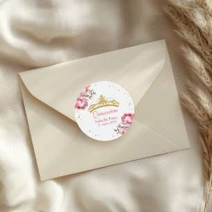 Quinceanera Gold Tiara Glitter and Pink Floral Classic Round Sticker