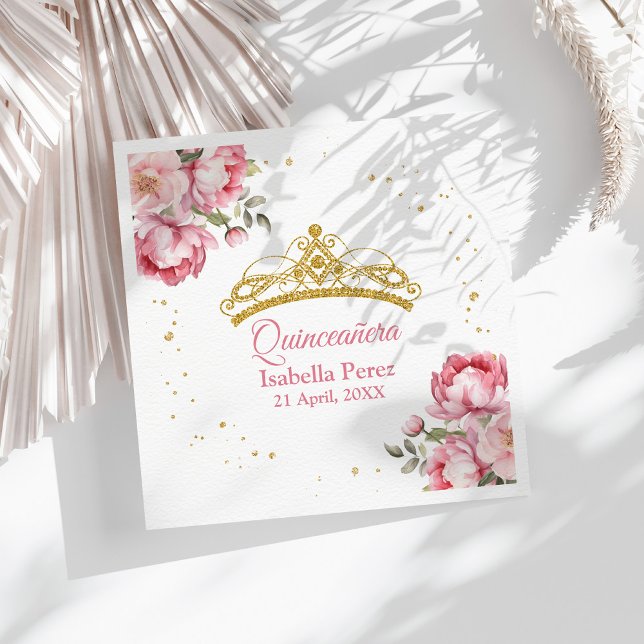 Quinceanera Gold Tiara Glitter and Pink Floral Napkin (Quinceanera Gold Tiara Glitter and Pink Floral Napkins on a sunny table with white dry flowers.)