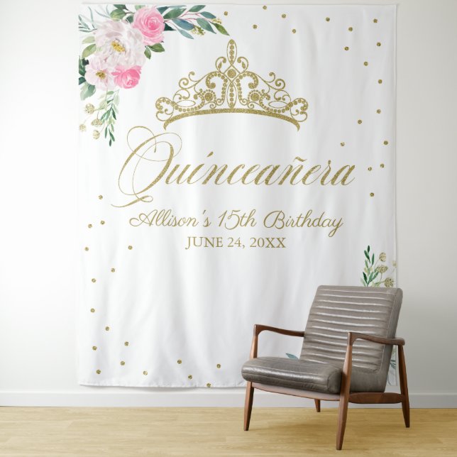 Quinceanera Gold Tiara Hot Pink Floral Backdrop Tapestry (In Situ)