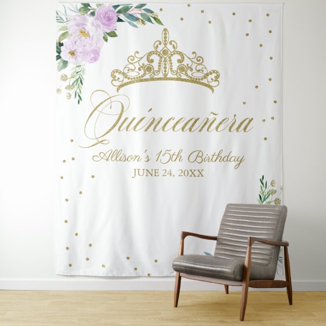 Quinceanera Gold Tiara Lilac Floral Backdrop Tapestry (In Situ)