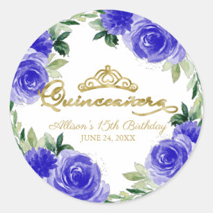 Quinceanera Gold Tiara Royal Blue Floral  Classic Round Sticker