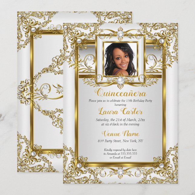Quinceanera Gold White Pearl Damask Photo Birthday Invitation (Front/Back)