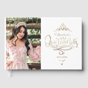 Quinceañera gold white photo guest book