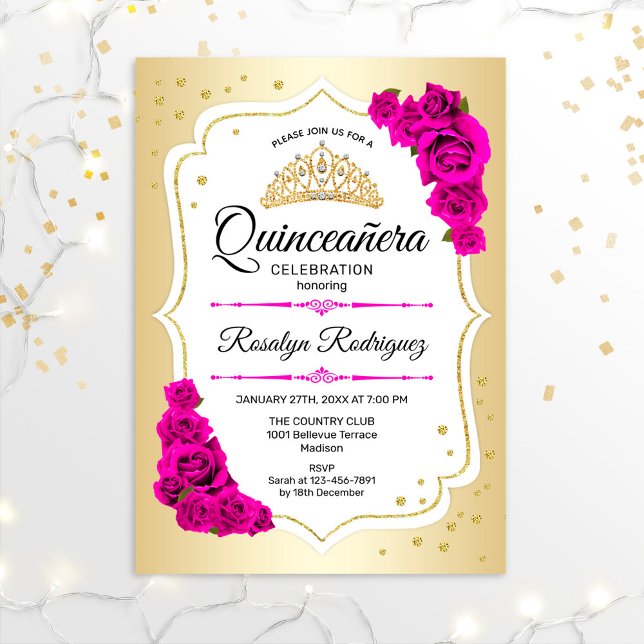 Quinceanera - Gold White Pink Invitation (Creator Uploaded)