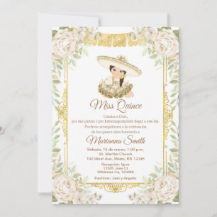 Quinceanera Gold White Roses Fiesta Mis Quince  Invitation