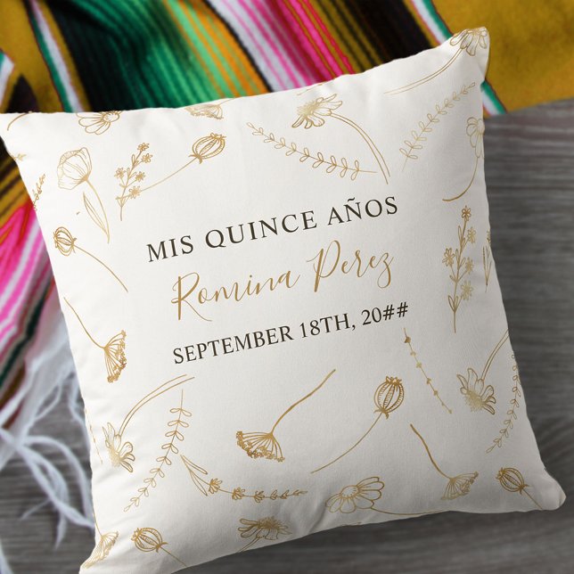 Quinceanera Gold Wildflower Custom Mis Quince Anos Cushion (Creator Uploaded)