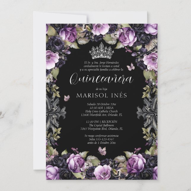 Quinceañera Gótica Morada y Negra con Flores Moody Invitation (Front)