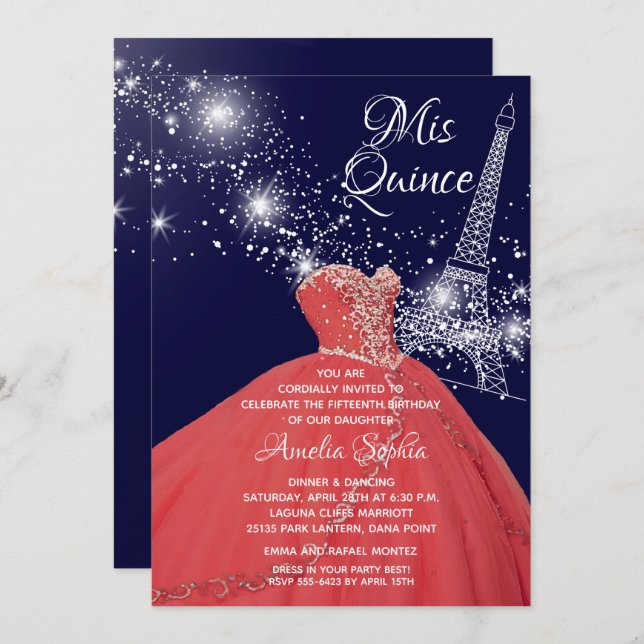 Quinceañera Gown Eiffel Tower Invitations (Front/Back)