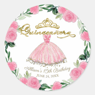 Quinceanera Gown Hot Pink Floral Classic Round Sticker