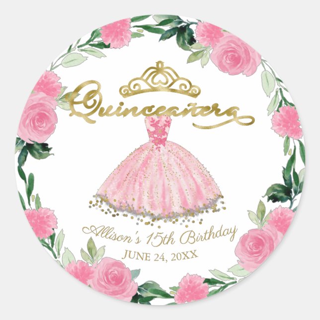 Quinceanera Gown Hot Pink Floral Classic Round Sticker (Front)
