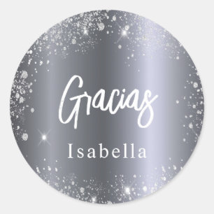 Quinceanera gracias silver glitter name classic round sticker