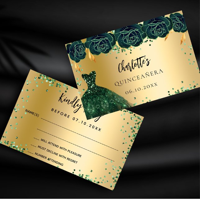 Quinceanera green dress flowers gold RSVP card (Creator Uploaded)