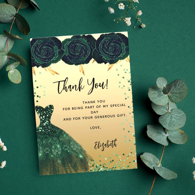 Quinceanera green dress flowers thank you card (Creator Uploaded)