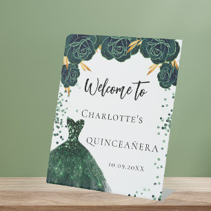 Quinceanera green dress flowers welcome pedestal sign