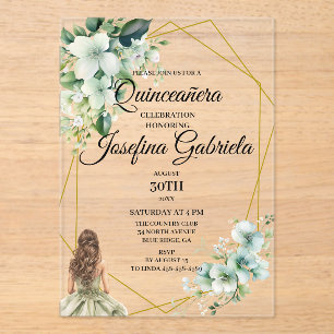 Quinceanera green floral acrylic invitations