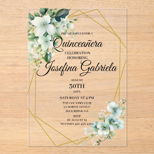Quinceanera green floral acrylic invitations (Front)