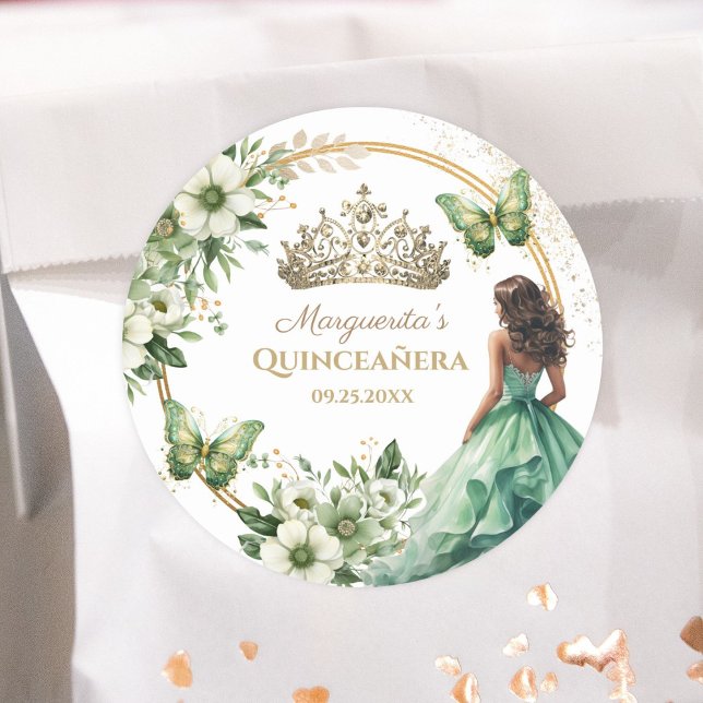 Quinceañera Green Floral Butterfly Gold Tiara  Classic Round Sticker (Creator Uploaded)