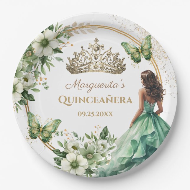 Quinceañera Green Floral Butterfly Gold Tiara Paper Plate (Front)