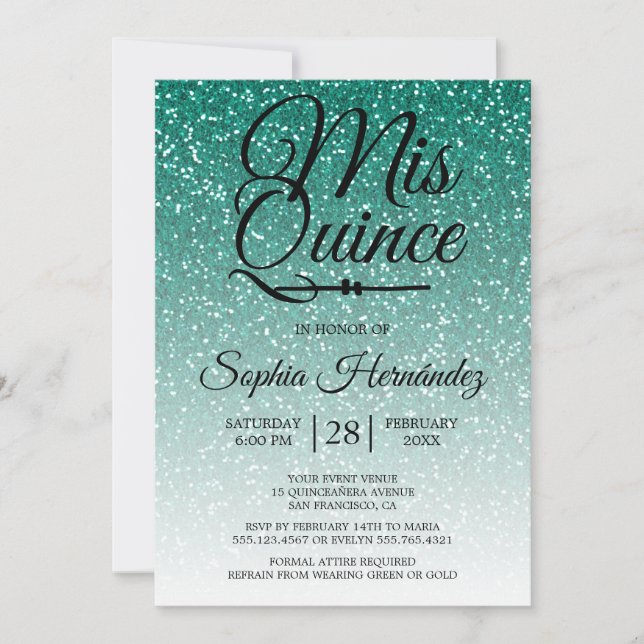 Quinceañera Green Glitter 15th Birthday  Invitation (Front)