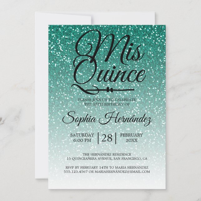 Quinceañera Green Glitter 15th Birthday  Invitation (Front)
