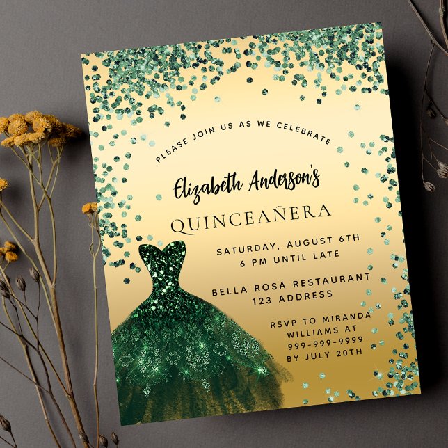 Quinceanera green gold dress budget invitation (Creator Uploaded)