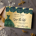 Quinceanera green gold dress florals save the date announcement postcard<br><div class="desc">A girly and trendy Save the Date card for a Quinceañera,  15th birthday party. A faux gold looking background decorated green roses,  sparkles and a green dress. Personalise and add a date and name/age. The text: Save the Date is written with a large trendy hand lettered style script.</div>