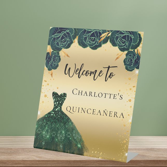 Quinceanera green gold dress flowers welcome pedestal sign (Creator Uploaded)