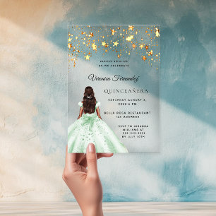 Quinceanera green gold dress stars clear acrylic invitations