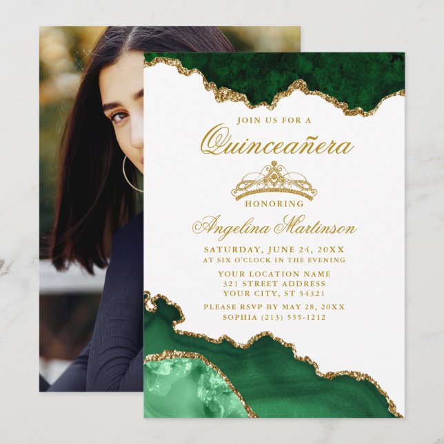 Quinceanera Green Gold Marble Crown Photo Invitation (Front/Back)
