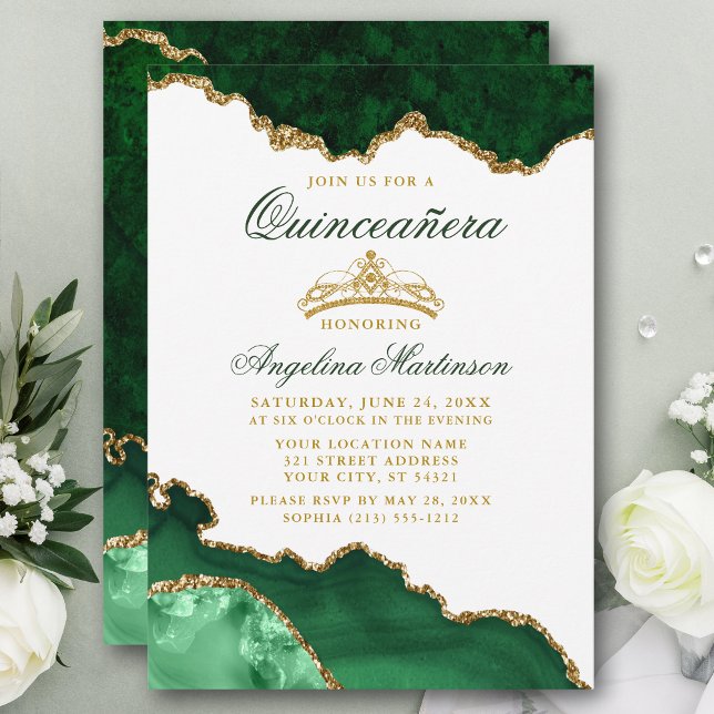 Quinceanera Green Marble Gold Crown Invitation (Customize to change text color, text style or add text & photos to back of card.)