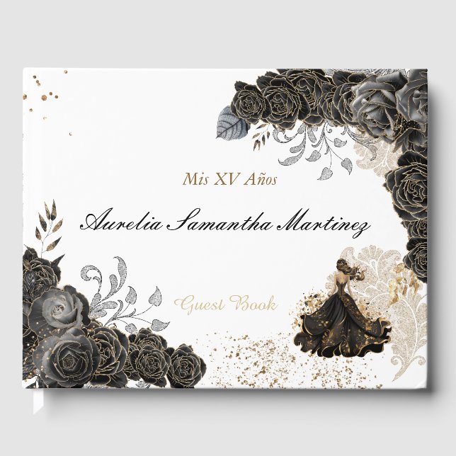 Quinceañera Guest Book Black and Gold (Front)
