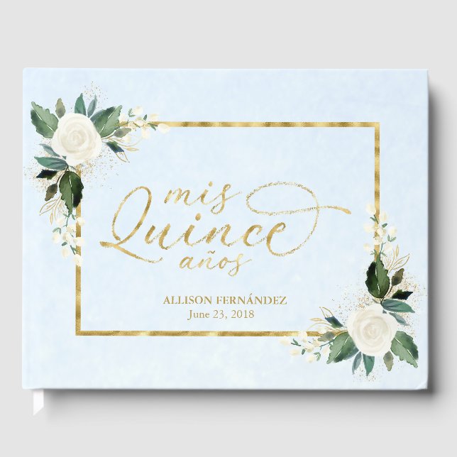 Quinceanera Guest Book Dusty Blue Gold Foil Floral (Front)