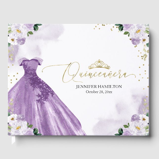 Quinceanera Guest Book Purple Dress Floral (Front)