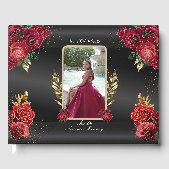 Quinceañera Guest Book Red Roses Black Background (Front)