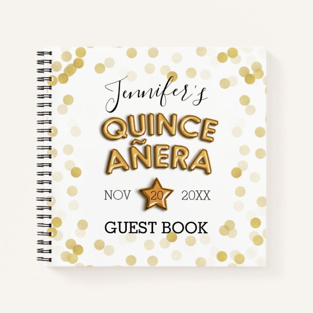 Quinceañera Guestbook Gold Balloons Confetti Notebook (Front)