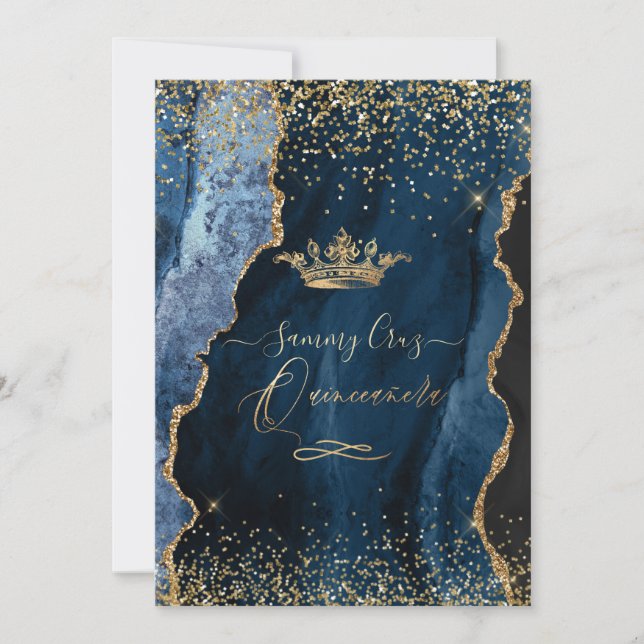 Quinceanera H2 Blue Agate Faux Gold Dust Invitation (Front)