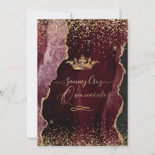 Quinceanera H2 Burgundy Agate Faux Gold Glitter Invitation