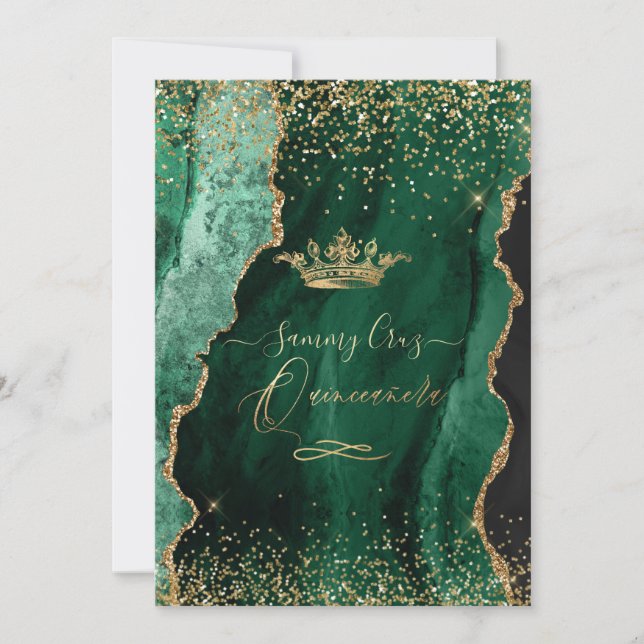 Quinceanera H2 Teal Green Agate Faux Gold Dust Invitation (Front)