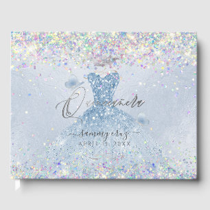 Quinceanera Holographic Confetti Dusty Blue Dress Guest Book