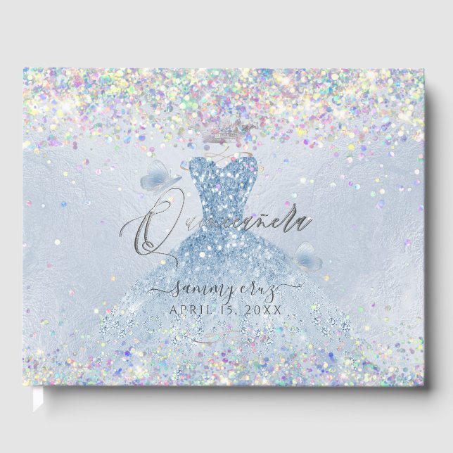 Quinceanera Holographic Confetti Dusty Blue Dress Guest Book (Front)