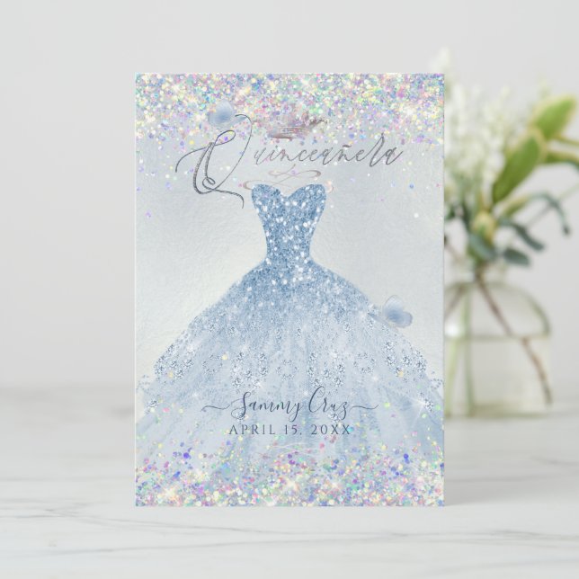 Quinceanera Holographic Confetti Dusty Blue Dress Invitation (Standing Front)